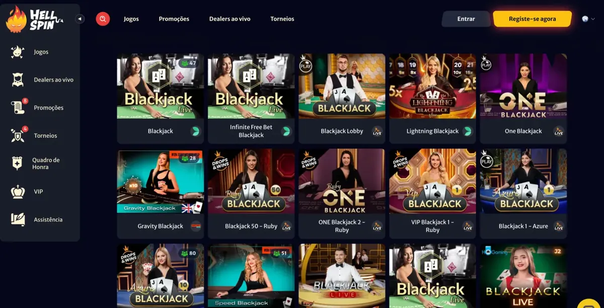 Captura de tela da interface Hellspin, mostrando a seção de jogos de mesa com Blackjack ao vivo.